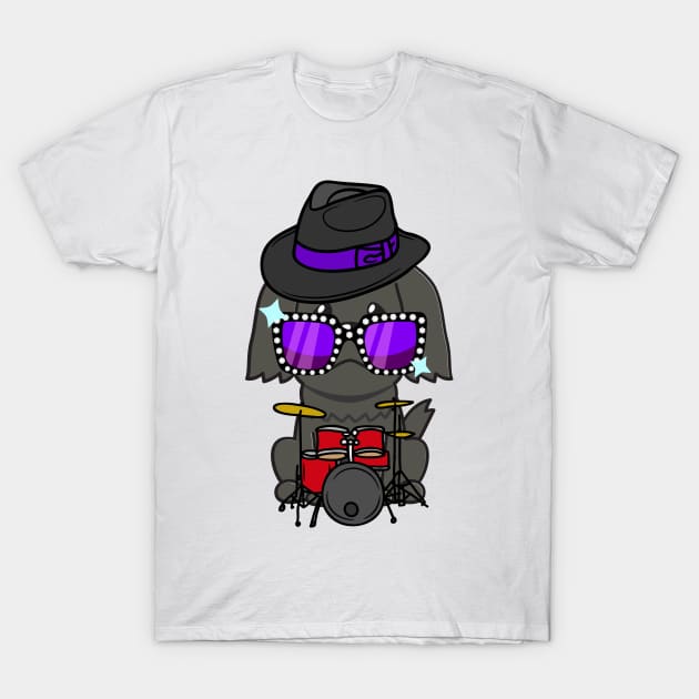 Cute black sheepdog jamming on the drums T-Shirt by Pet Station